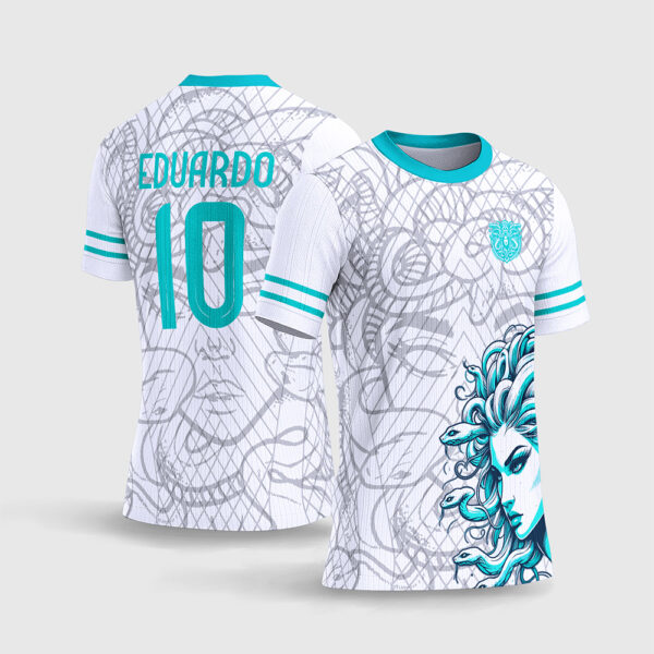 Arte Vetor Template Camisa Interclasse Jogos Escolares Time Medusa Verde Agua Fundo Branco Linhas Mitologia Sublimacao CorelDRAW