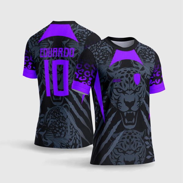 Arte Vetor Template Camisa Interclasse Jogos Escolares Time Onca Felino Fundo Escuro Recortes Roxo Neon Violeta Sublimacao CorelDRAW