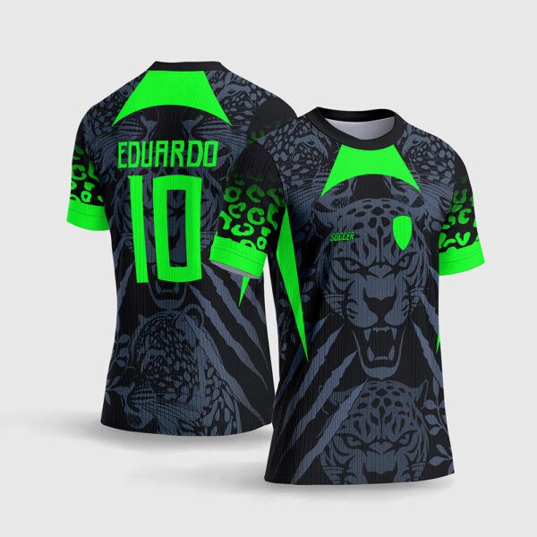 Arte Vetor Template Camisa Interclasse Jogos Escolares Time Onca Felino Fundo Escuro Recortes Verde Neon Fluorescente Sublimacao CorelDRAW