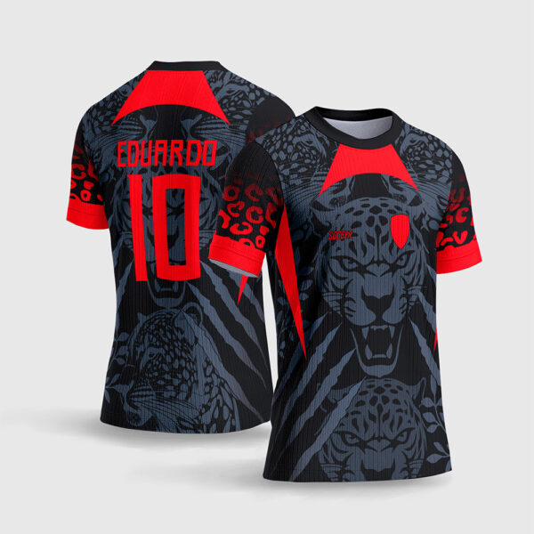 Arte Vetor Template Camisa Interclasse Jogos Escolares Time Onca Felino Fundo Escuro Recortes Vermelho Vivo Sublimacao CorelDRAW