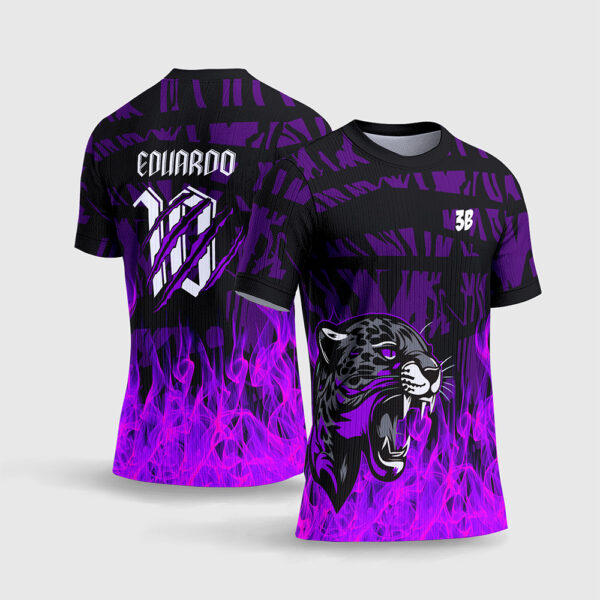 Arte Vetor Template Camisa Interclasse Jogos Escolares Time Pantera Negra Fogo Roxo Neon Marcas Garras Sublimacao CorelDRAW