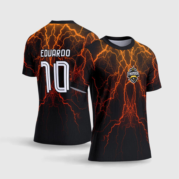 Arte Vetor Template Camisa Interclasse Jogos Escolares Time Thunder Raios Relampagos Amarelo Laranja Neon Fundo Preto Sublimacao CorelDRAW