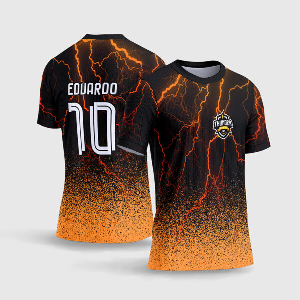 Arte Vetor Template Camisa Interclasse Jogos Escolares Time Thunder Raios Relampagos Amarelo Laranja Neon Fundo Preto Sublimacao CorelDRAW
