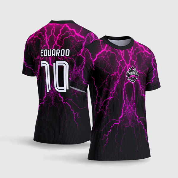 Arte Vetor Template Camisa Interclasse Jogos Escolares Time Thunder Raios Relampagos Rosa Magenta Neon Fundo Preto Sublimacao CorelDRAW