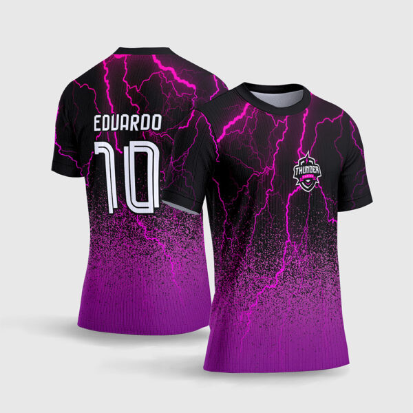 Arte Vetor Template Camisa Interclasse Jogos Escolares Time Thunder Raios Relampagos Rosa Magenta Neon Fundo Preto Sublimacao CorelDRAW