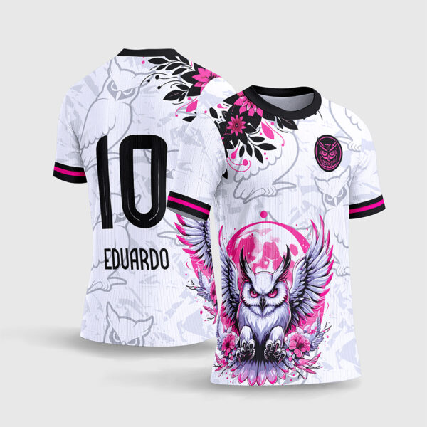 Arte Vetor Template Camisa Interclasse Jogos Escolares Time Coruja Floral Rosa Preta Fundo Branco Sublimacao CorelDRAW
