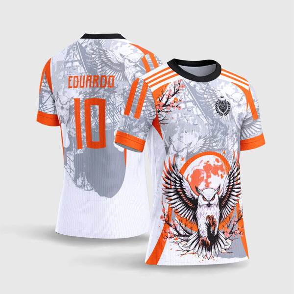 Arte Vetor Template Camisa Interclasse Jogos Escolares Time Coruja Branca Laranja Lua Cheia Flores Cerejeira Sakura Oriental Sublimacao CorelDRAW