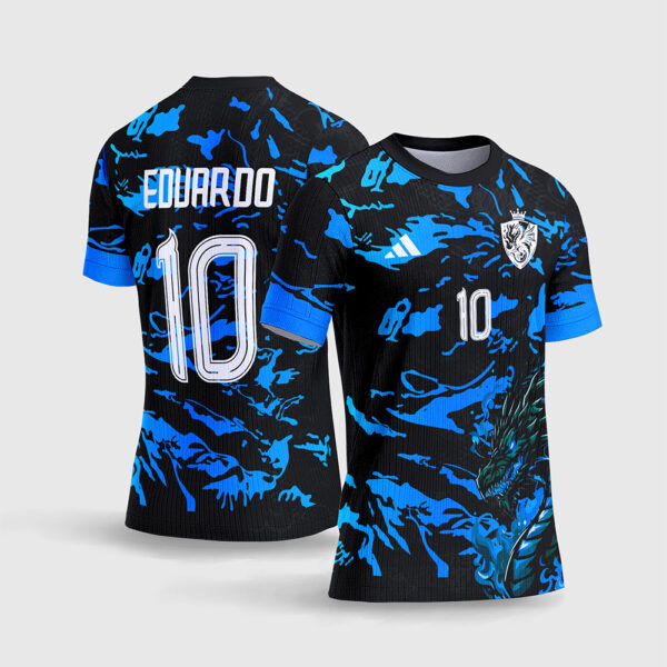 Arte Vetor Template Camisa Interclasse Jogos Escolares Time Dragao Esmeralda Verde Camuflado Azul Fundo Preto Sublimacao CorelDRAW