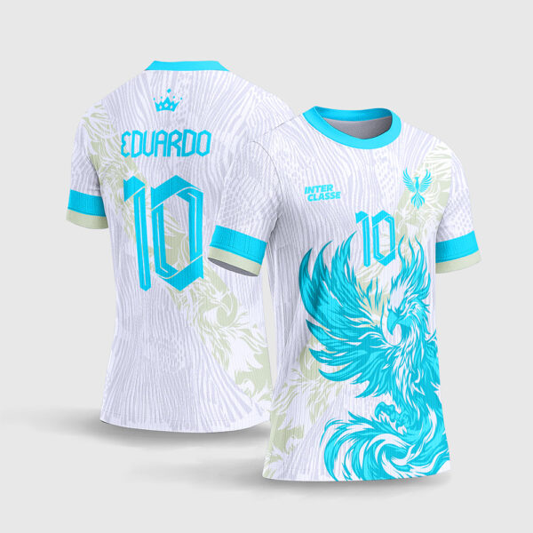 Arte Vetor Template Camisa Interclasse Jogos Escolares Time Fenix Azul Ciano Textura Bege Fundo Branco Coroa Sublimacao CorelDRAW