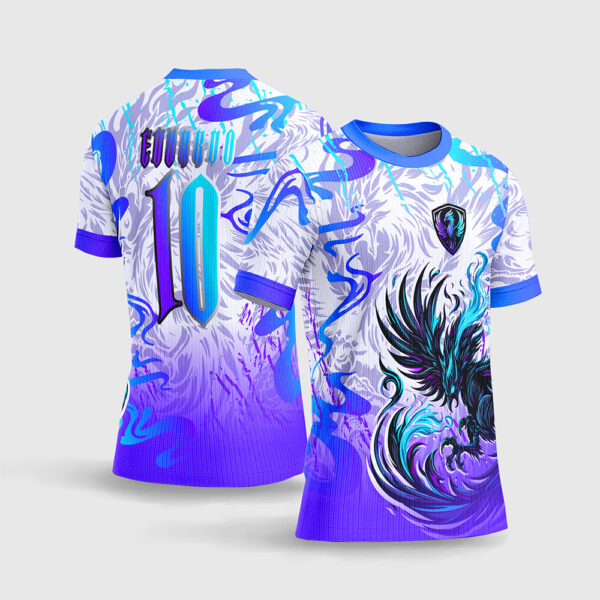 Arte Vetor Template Camisa Interclasse Jogos Escolares Time Fenix Roxa Degrade Violeta Ciano Fundo Branco Sublimacao CorelDRAW