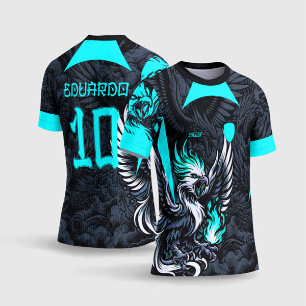Arte Vetor Template Camisa Interclasse Jogos Escolares Time Fenix Azul Ciano Neon Ave Mitologica Sublimacao CorelDRAW
