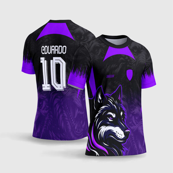 Arte Vetor Template Camisa Interclasse Jogos Escolares Time Lobo Roxo Fundo Preto Textura Fera Sombria Sublimacao CorelDRAW