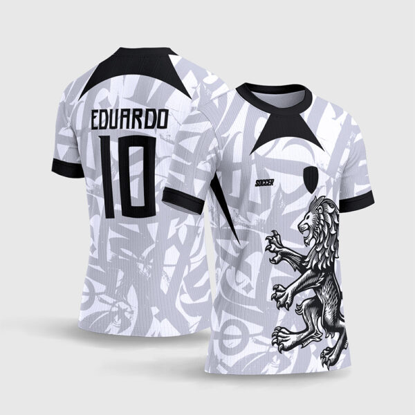 Arte Vetor Template Camisa Interclasse Jogos Escolares Time Leao Rampante Branco Preto Textura Caligrafia Streetwear Sublimacao CorelDRAW