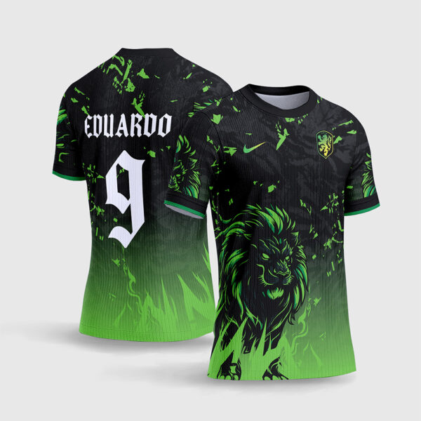 Arte Vetor Template Camisa Interclasse Jogos Escolares Time Leao Verde Neon Preto Chamas Respingos Sublimacao CorelDRAW