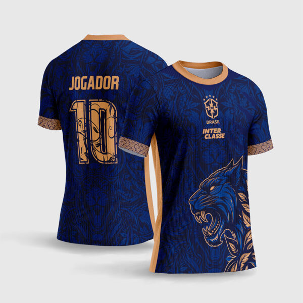 Arte Vetor Template Camisa Interclasse Jogos Escolares Time Pantera Negra Azul Marinho Dourado Textura Folhagens Sublimacao CorelDRAW
