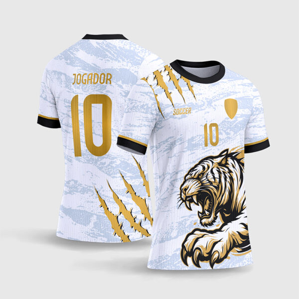 Arte Vetor Template Camisa Interclasse Jogos Escolares Time Tigre Branco Amarelo Ouro Marcas Garra Fundo Texturizado Sublimacao CorelDRAW