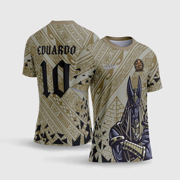 Arte Vetor Template Camisola Interclasse Jogos Escolares Equipa Anubis Egito Dourado Piramides Fundo Textura Sublimacao CorelDRAW
