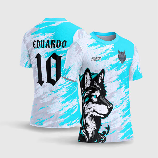 Arte Vetor Template Camisola Interclasse Jogos Escolares Equipa Lobo Ciano Branco Textura Grunge Pincelada Fonte Gotica Sublimacao CorelDRAW