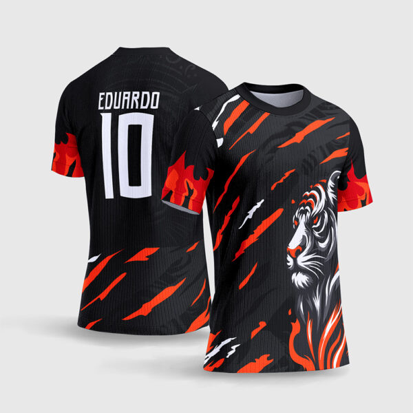 Arte Vetor Template Camisa Interclasse Jogos Escolares Time Tigre Branco Fogo Laranja Marcas Garra Fundo Preto Sublimacao CorelDRAW