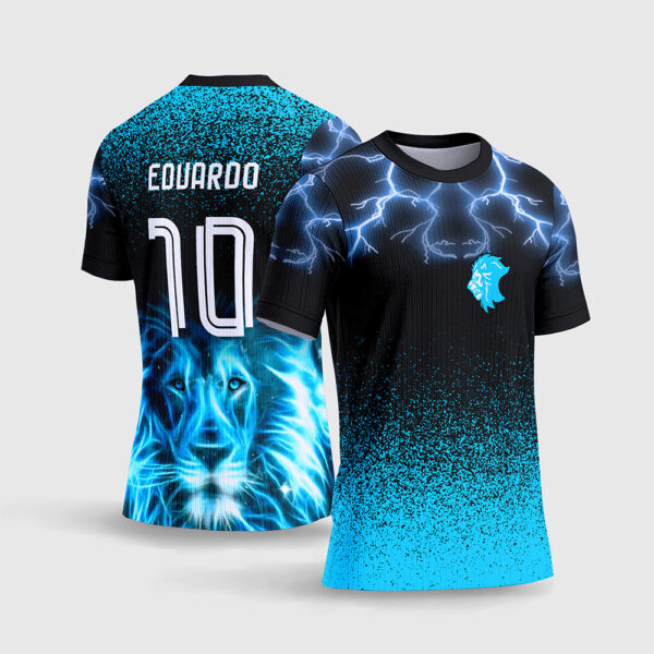 Arte Vetor Template Camisa Interclasse Jogos Escolares Time Leao Fogo Azul Raios Eletricos Sublimacao CorelDRAW