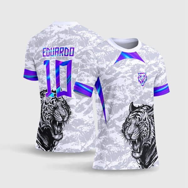 Arte Vetor Template Camisa Interclasse Jogos Escolares Tigre Feroz Branca Textura Camuflada Detalhes Efeito Holografico Sublimacao CorelDRAW