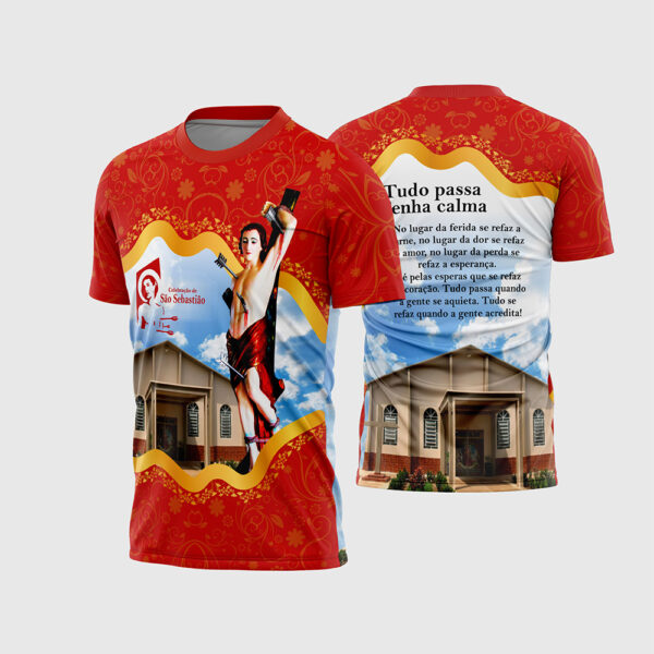 Mockup de Camisa Polo Religiosa Sublimada com Arte Vetor de São Sebastião Rogai Por Nós 2026 nas variantes Verde, Azul e Bege