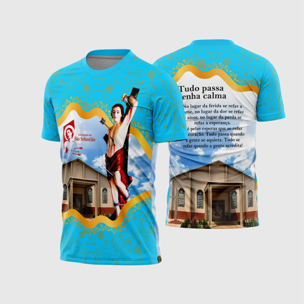 Mockup de Camisa Polo Religiosa Sublimada com Arte Vetor de São Sebastião Rogai Por Nós 2026 nas variantes Verde, Azul e Bege