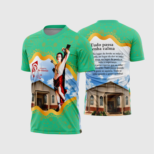 Mockup de Camisa Polo Religiosa Sublimada com Arte Vetor de São Sebastião Rogai Por Nós 2026 nas variantes Verde, Azul e Bege