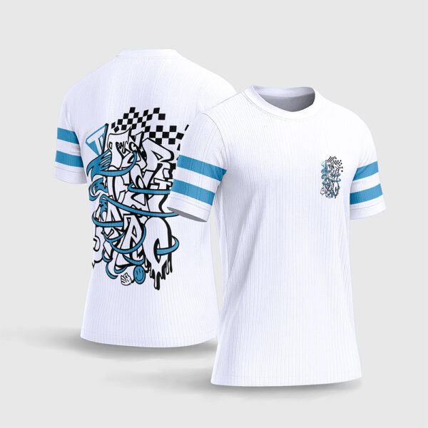 Arte Vetor Template Camisa Terceirao 2026 Formatura Furacao Grafite Redemoinho Azul Ciano Streetwear Fundo Branco Sublimacao CorelDRAW