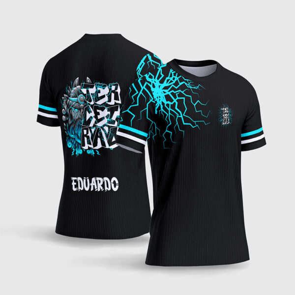 Arte Vetor Template Camisa Formatura Escolar Terceirao Zeus Mitologia Raios Ombro Azul Cyan Preto Oficial para Sublimacao CorelDRAW