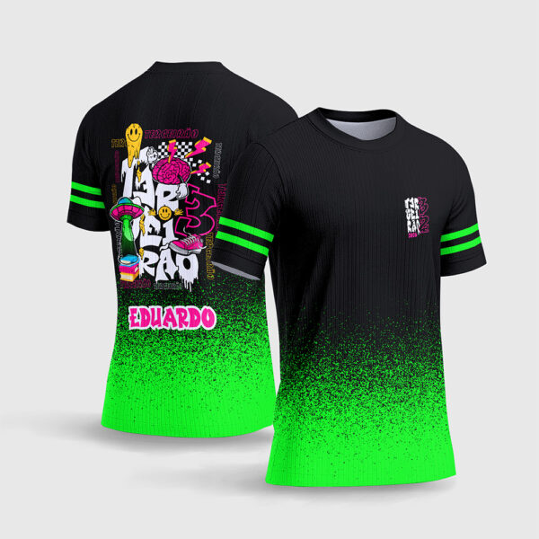 Arte Vetor Template Camisa Formatura Escolar Terceirao Alienigena UFO Preto Verde Neon Efeito Spray Rosa Oficial para Sublimacao CorelDRAW