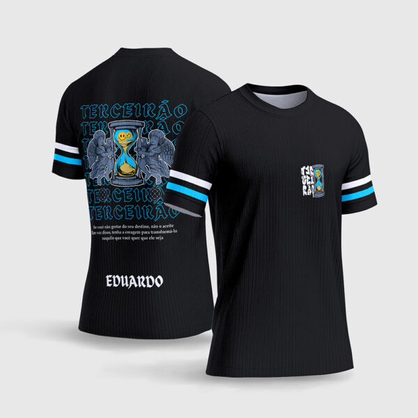 Arte Vetor Template Camisa Terceirao 2026 Formatura Anjos Querubins Ampulheta Smiley Azul Ciano Streetwear Fundo Preto Sublimacao CorelDRAW