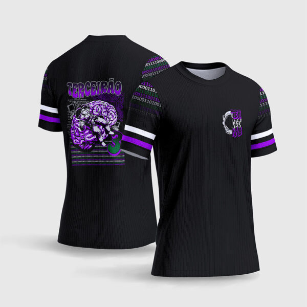 Arte Vetor Template Camisa Terceirao 2026 Formatura Informatica Astronauta Cerebro Codigo Binario Verde Roxo Cyberpunk Sublimacao CorelDRAW