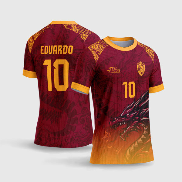 Arte Vetor Template Camisa Interclasse Jogos Escolares Time Dragao Vermelho Vinho Dourado Oriental Nuvem Japonesa Sublimacao CorelDRAW