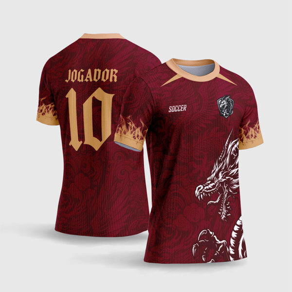 Arte Vetor Template Camisa Interclasse Jogos Escolares Time Dragao Fundo Vinho Bordô Textura Oriental Fogo Dourado Sublimacao CorelDRAW