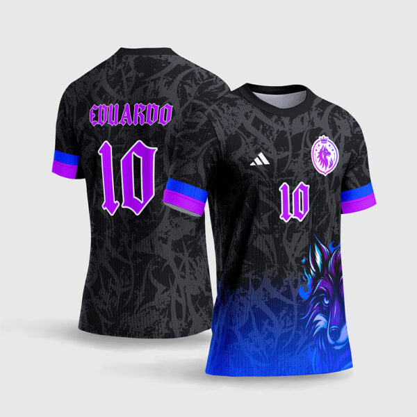 Arte Vetor Template Camisa Interclasse Jogos Escolares Time Lobo FOX Roxo Azul Textura Grunge Sublimacao CorelDRAW