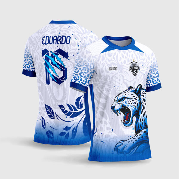 Arte Vetor Template Camisa Interclasse Jogos Escolares Time Onca Branca Azul Folhas Garras Fundo Claro Sublimacao CorelDRAW
