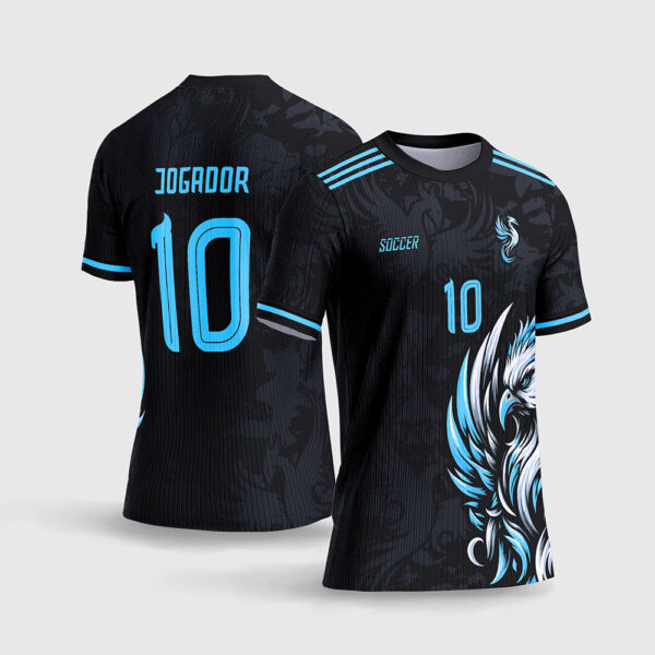 Arte Vetor Template Camisa Interclasse Jogos Escolares Time Fenix Azul Claro Fundo Preto Camuflado Tatico Sublimacao CorelDRAW