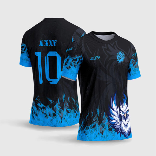 Arte Vetor Template Camisa Interclasse Jogos Escolares Time Fenix Fogo Azul Neon Chamas Gelidas Fundo Preto Sublimacao CorelDRAW