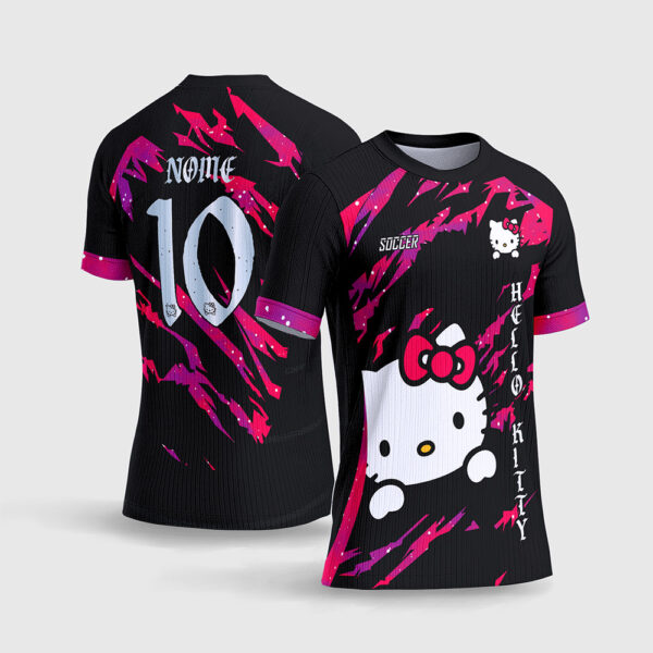 Arte Vetor Template Camisa Interclasse Jogos Escolares Time Hello Kitty Preto Rosa Magenta Textura Rasgada Sublimacao CorelDRAW