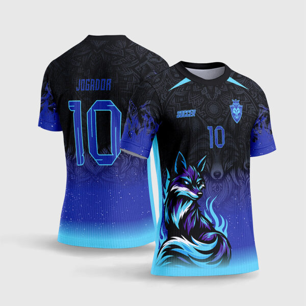 Arte Vetor Template Camisa Interclasse Jogos Escolares Time Raposa Azul Roxa Chamas Fundo Galaxia Estrelas Mandala Sublimacao CorelDRAW