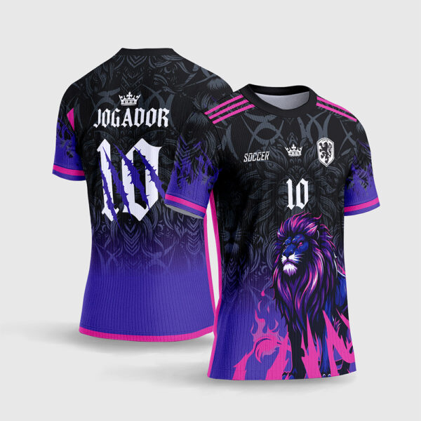 Arte Vetor Template Camisa Interclasse Jogos Escolares Time Leao Fogo Rosa Magenta Roxo Garras Fundo Preto Tribal Sublimacao CorelDRAW