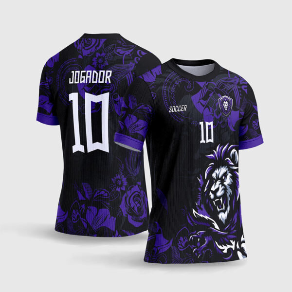 Arte Vetor Template Camisa Interclasse Jogos Escolares Time Leao Roxo Floral Flores Rosas Fundo Preto Sublimacao CorelDRAW