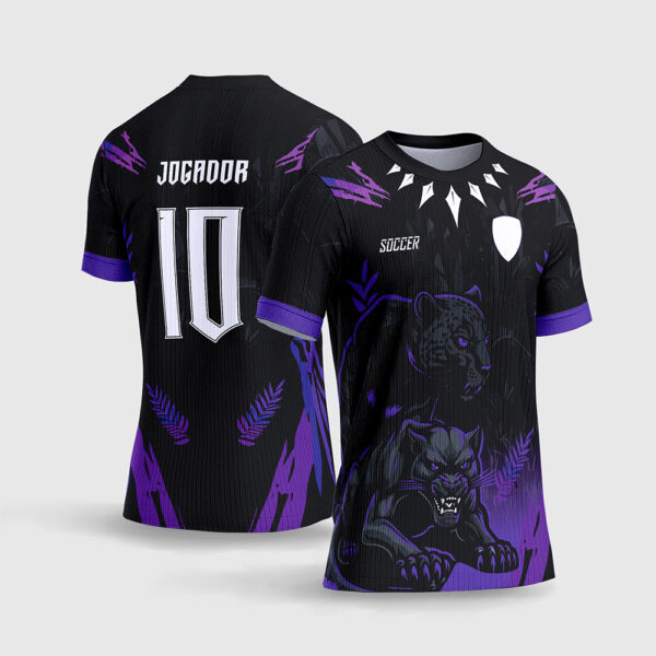 Arte Vetor Template Camisa Interclasse Jogos Escolares Time Pantera Negra Roxo Violeta Colar Tribal Wakanda Fundo Preto Sublimacao CorelDRAW