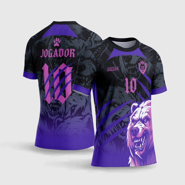 Arte Vetor Template Camisa Interclasse Jogos Escolares Time Urso Feroz Roxo Rosa Magenta Marcas Garras Fundo Preto Sublimacao CorelDRAW