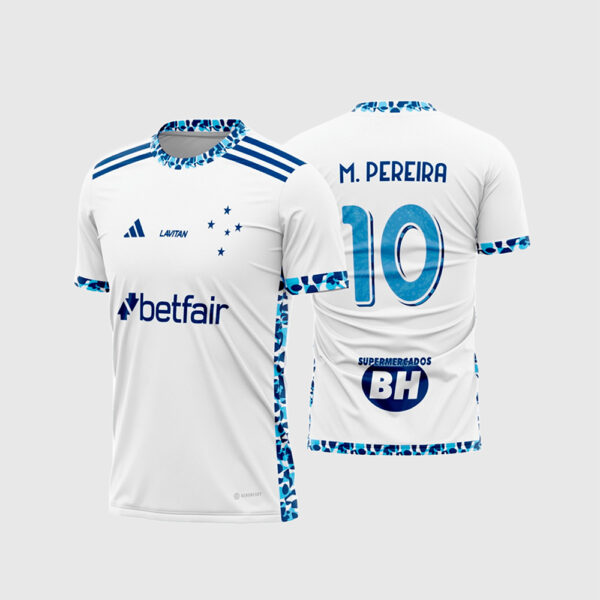 Arte Vetor Template Camisa Reserva Cruzeiro 2024 2025 Branca Grafismos Geometricos Azul Matheus Pereira 10 Oficial para Sublimacao CorelDRAW