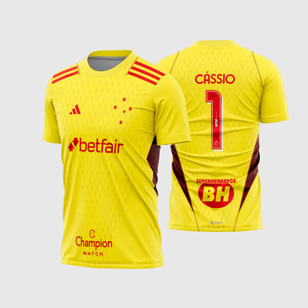 Arte Vetor Template Estampa Camisa Goleiro II Cruzeiro 2023 2024 Amarela Vermelha Textura Geometrica Cassio 1 Oficial para Sublimacao CorelDRAW