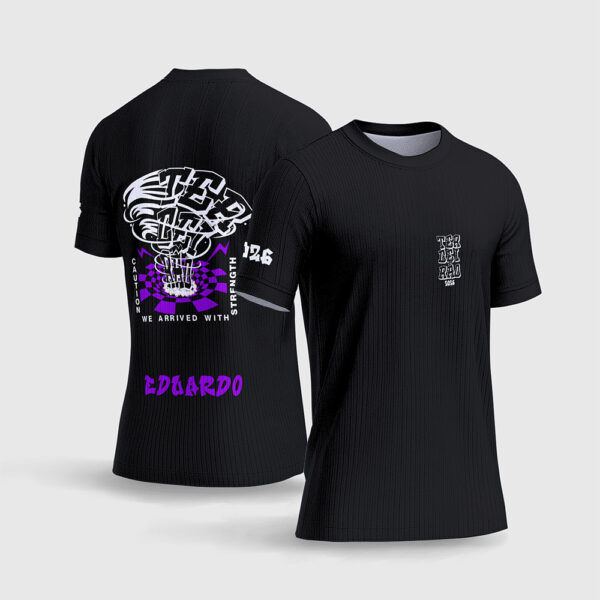 Arte Vetor Template Camisa Formatura Escolar Terceirao Furacao Tornado Portal Quadriculado Checkerboard Roxo Preto Oficial para Sublimacao CorelDRAW