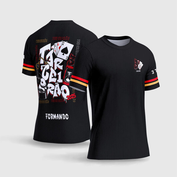 Arte Vetor Template Camisa Formatura Escolar Terceirao Coelho Cartola Magica Cartas Baralho Relogio Ampulheta Preto Vermelho Dourado Oficial para Sublimacao CorelDRAW