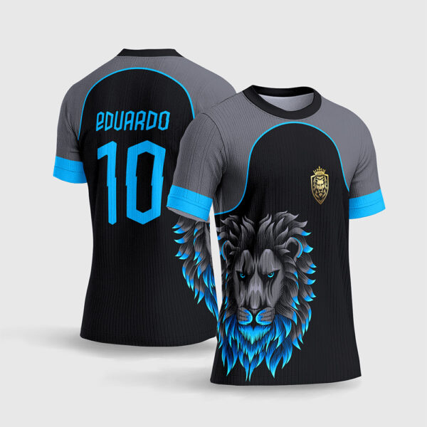 Arte Vetor Template Camisa Interclasse Jogos Escolares Time Leao Sombra Escuro Crina Azul Neon Ciano Sublimacao CorelDRAW